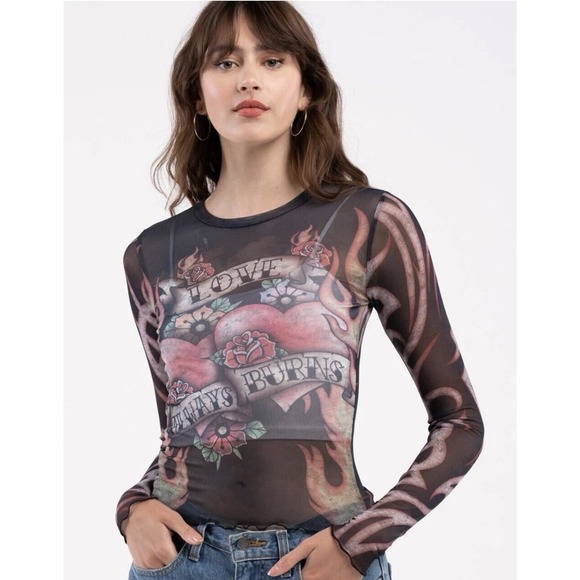 RSQ Tops - RSQ Black Tattoo Women Mesh Sheer Tee Top Love Always Burns Motorcycl Y2K Medium